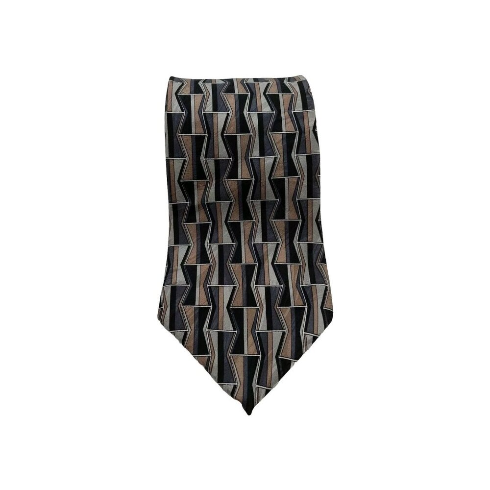 EFenzo Felini Men's Neck Tie Silk Black Brown White Geometric 3.5"w X 58"L